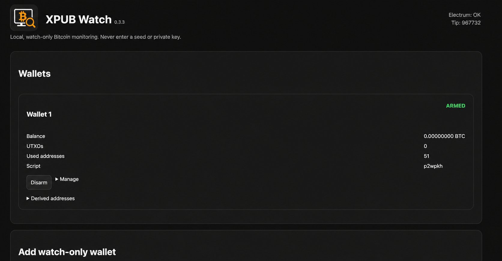 XPUB Watch Weboberfläche mit überwachter Wallet im Status ARMED